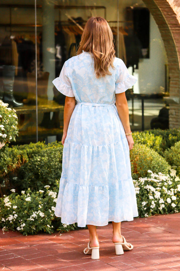 Blue Printed Button Up Tiered Maxi Dress Clothing J. Marie   