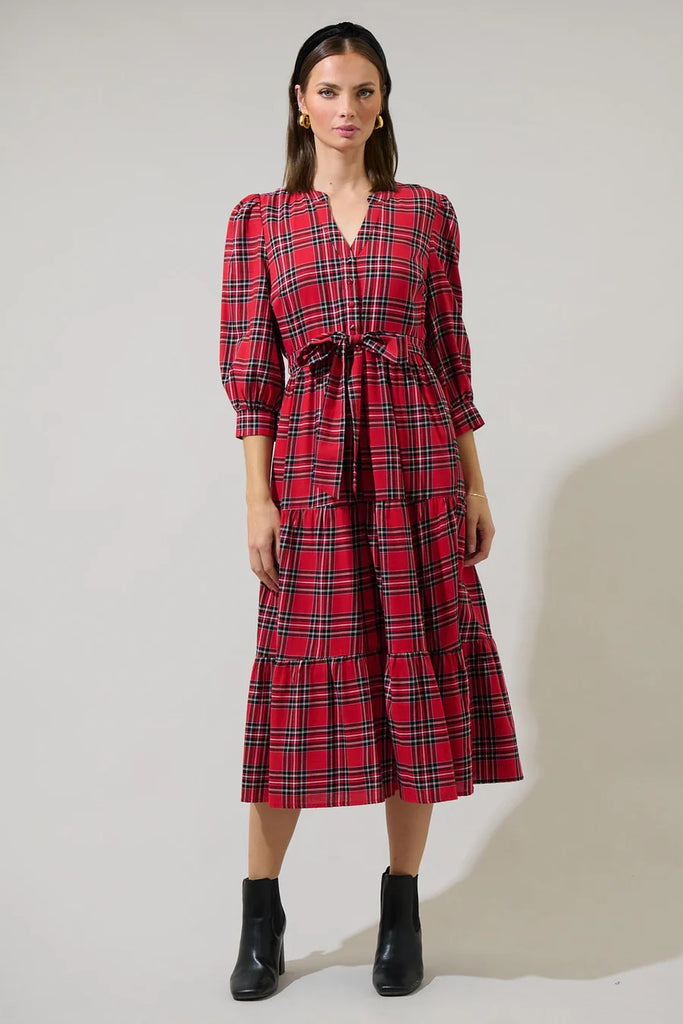 Boswell Tartan Plaid Yanis Button Up Midi Dress Clothing Peacocks & Pearls Lexington   