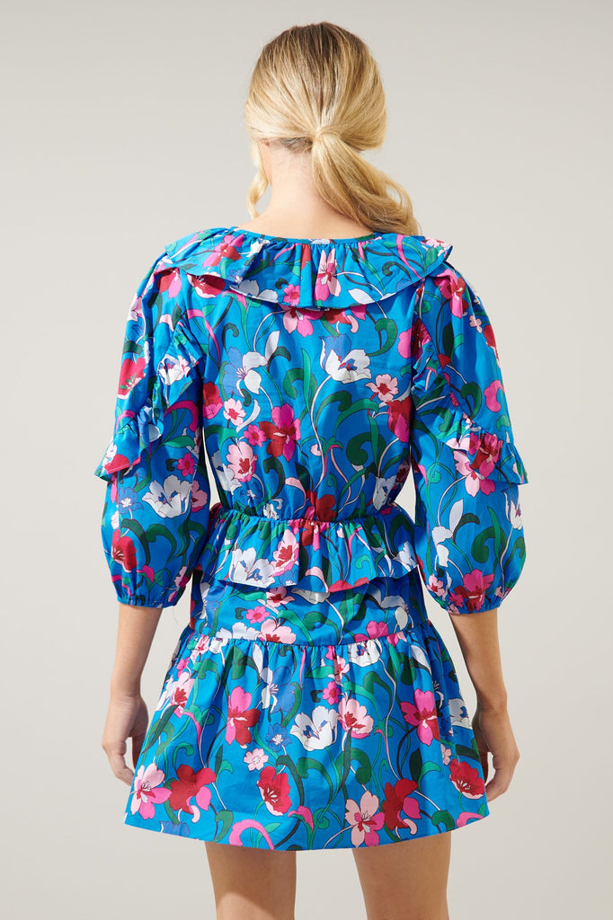 Blue/Pink Floral 3/4 Sleeve Ruffle Dress Clothing SugarLips   