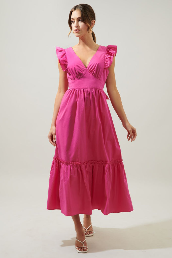 Poplin Tie Back Midi Dress Clothing SugarLips Pink XS 