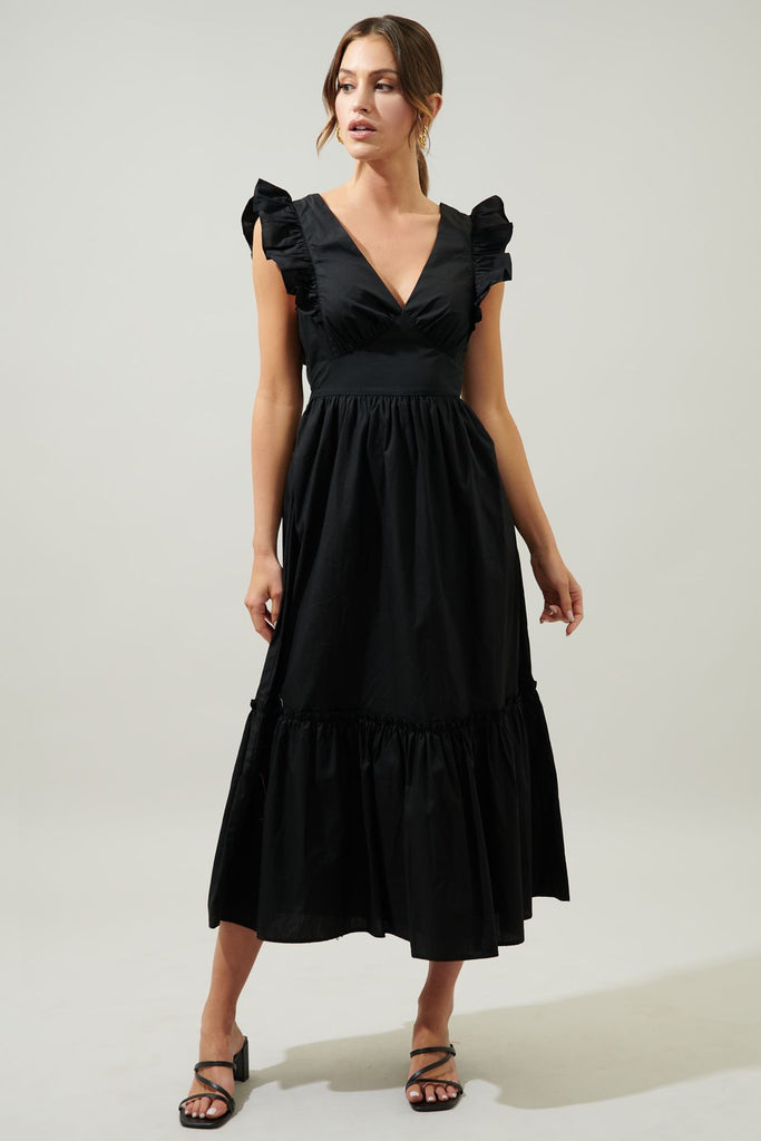 Poplin Tie Back Midi Dress Clothing SugarLips Black XS 