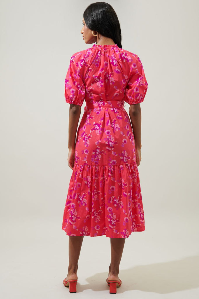 Hot Pink Floral Button Tiered Midi Dress Clothing SugarLips   