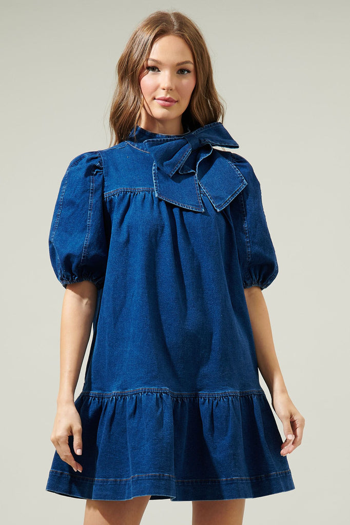 Aura Jacey Denim Bow Dress Clothing SugarLips   