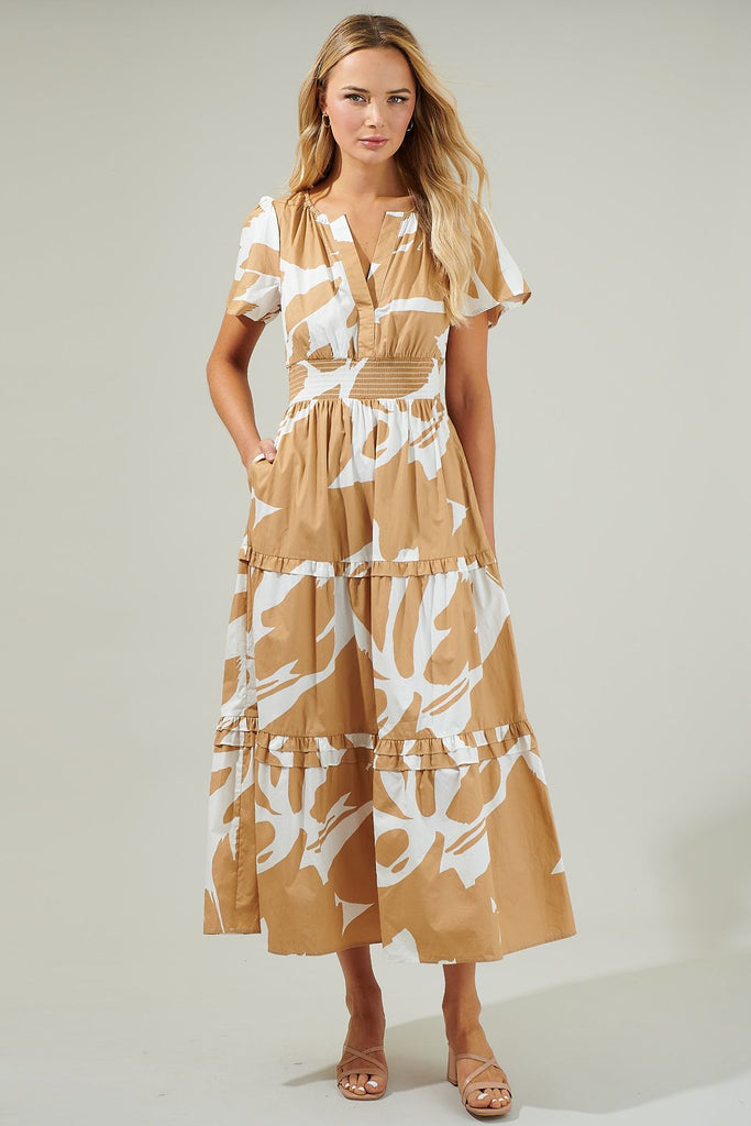 Hazel Abstract Palmer Poplin Tiered Maxi Dress Clothing Peacocks & Pearls Lexington   