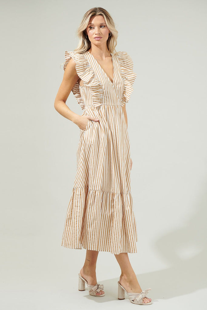 Striped Fairness Poplin Midi Dress Clothing SugarLips XS Tan 