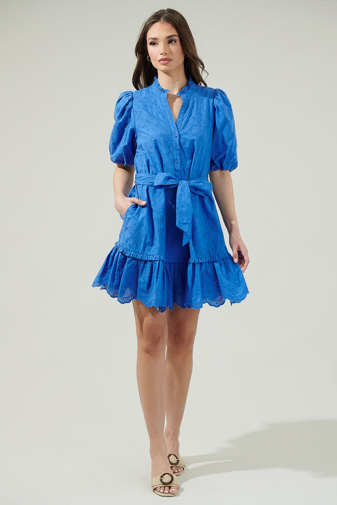 Sky Eyelet Sasha Shift Mini Dress Clothing Peacocks & Pearls Lexington