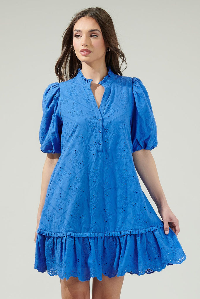 Sky Eyelet Sasha Shift Mini Dress Clothing Peacocks & Pearls Lexington