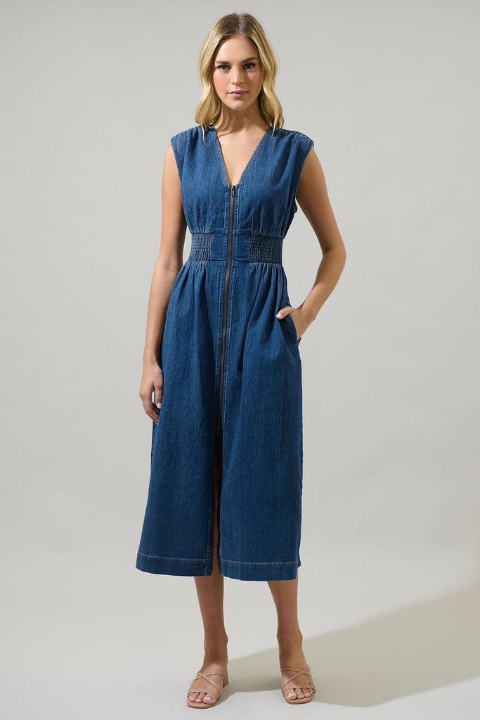 Gabriella Denim Lula Sleeveless Smocked Midi Dress Clothing Peacocks & Pearls Lexington   