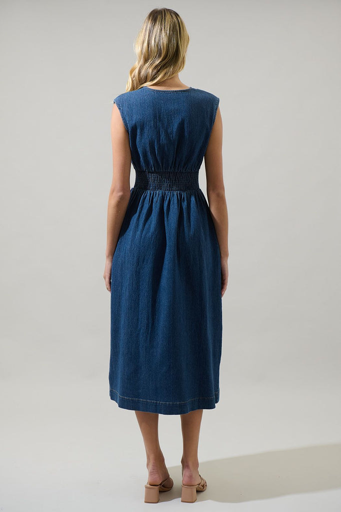 Gabriella Denim Lula Sleeveless Smocked Midi Dress Clothing Peacocks & Pearls Lexington   