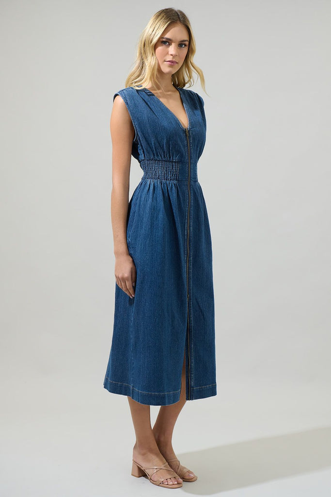 Gabriella Denim Lula Sleeveless Smocked Midi Dress Clothing Peacocks & Pearls Lexington   