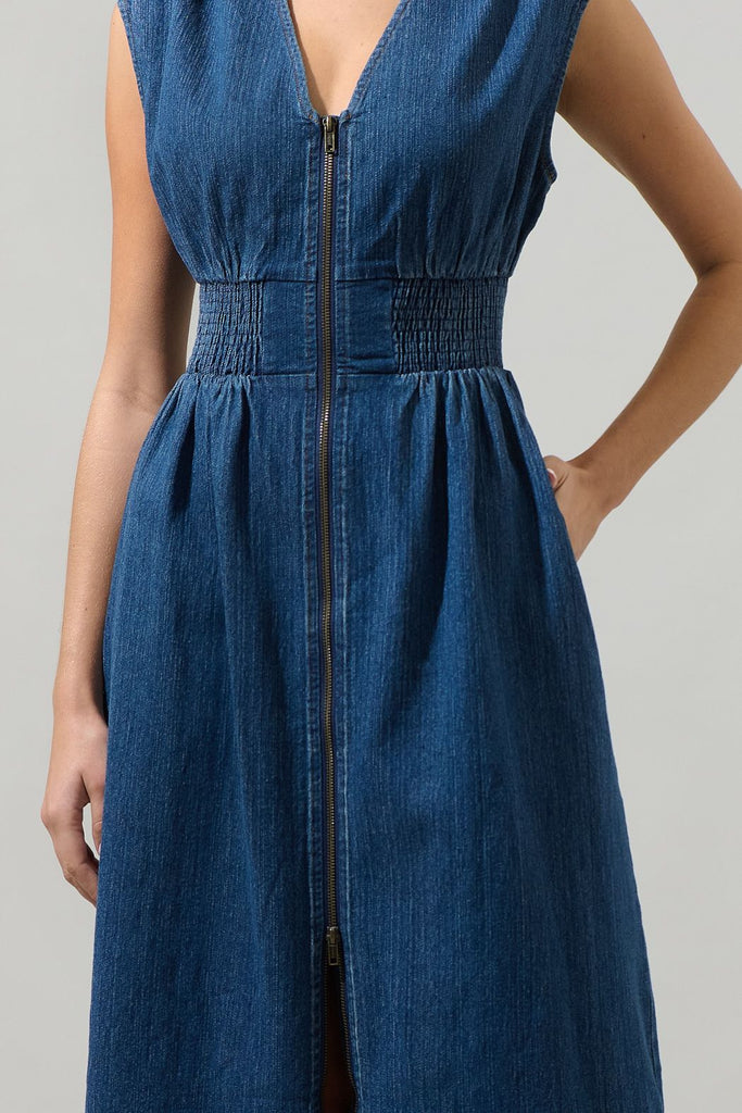 Gabriella Denim Lula Sleeveless Smocked Midi Dress Clothing Peacocks & Pearls Lexington   