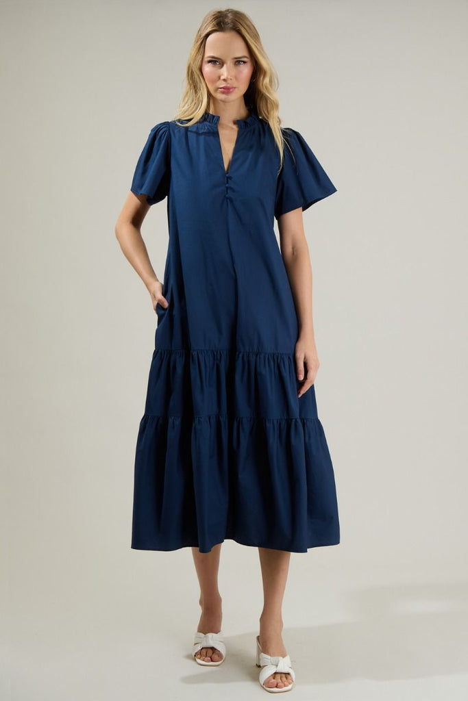 Britt Poplin Tiered Midi Dress Clothing Peacocks & Pearls Lexington   