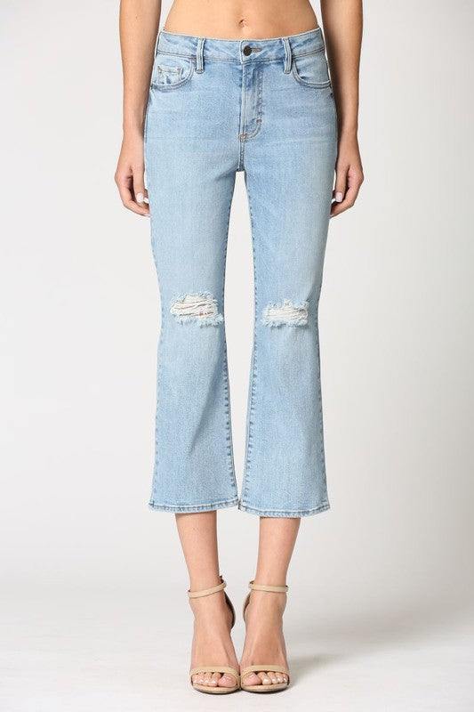 Light Wash Cropped Flare Jeans w/ Distressing Clothing Hidden   