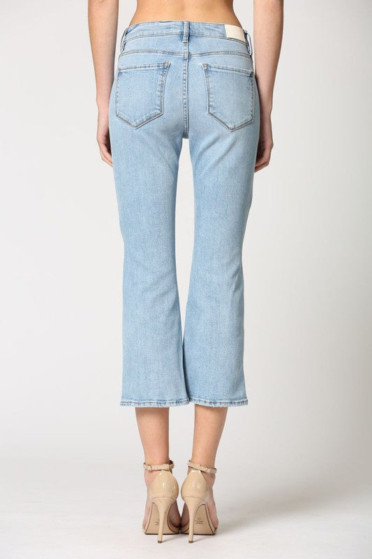 Light Wash Cropped Flare Jeans w/ Distressing Clothing Hidden   