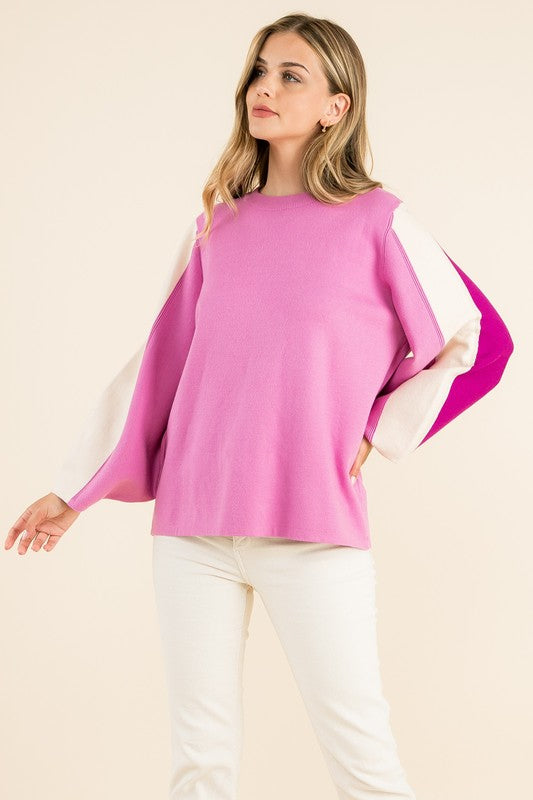 Purple Colorblock Slv Sweater Clothing THML   