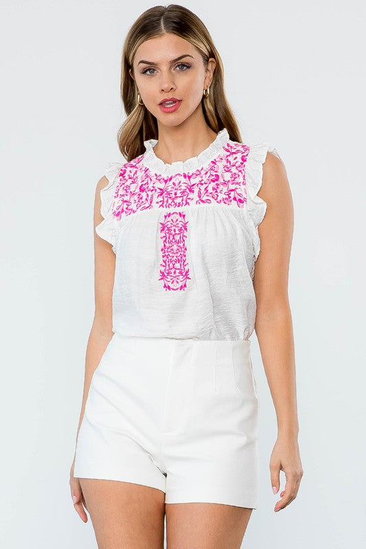 White/ Pink Embroidered Ruffle Slv Top Clothing THML   