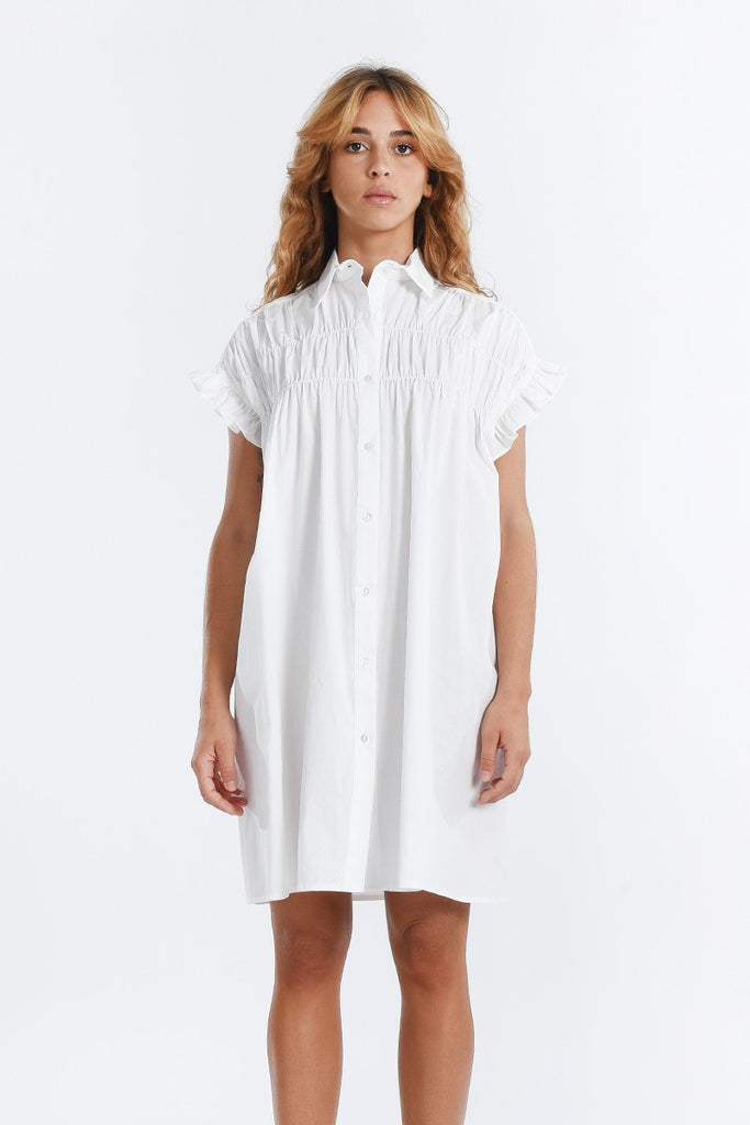Button down Shirt Dress W/ Ruffle Slvs Clothing Molly Bracken White XS 