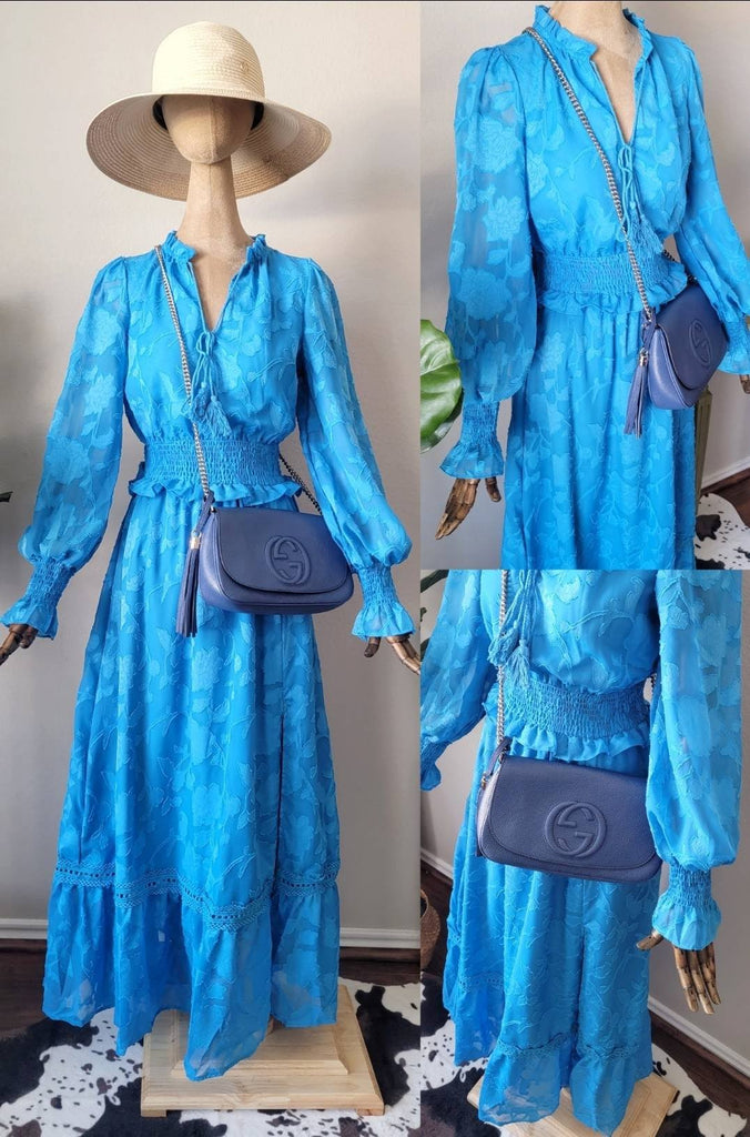 Blue Textured Floral L/S Maxi Dress Clothing Affection Apparel   
