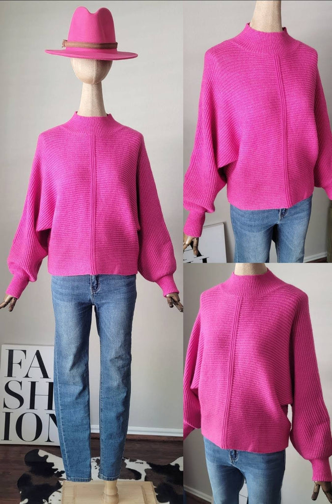 Hot Pink Balloon Slv Ribbed Sweater Clothing Affection Apparel   
