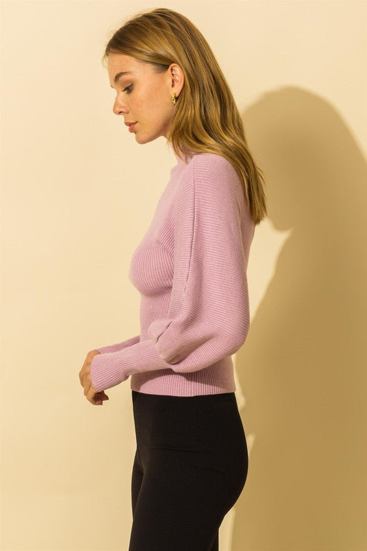 Lavender Puff Sleeve Ribbed Knit Sweater Clothing Hyfve   