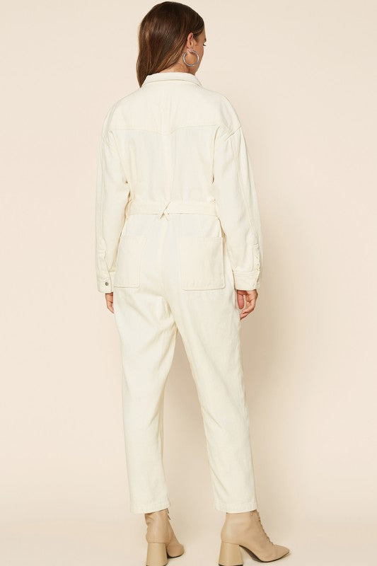 Cream Lng Slv Utility Jumpsuit Clothing Skies Are Blue   