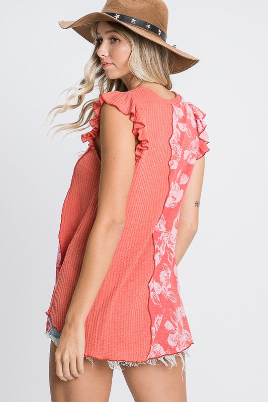 Coral Contrasting Floral/Waffle Fabric Slvless Top Clothing Bucketlist   