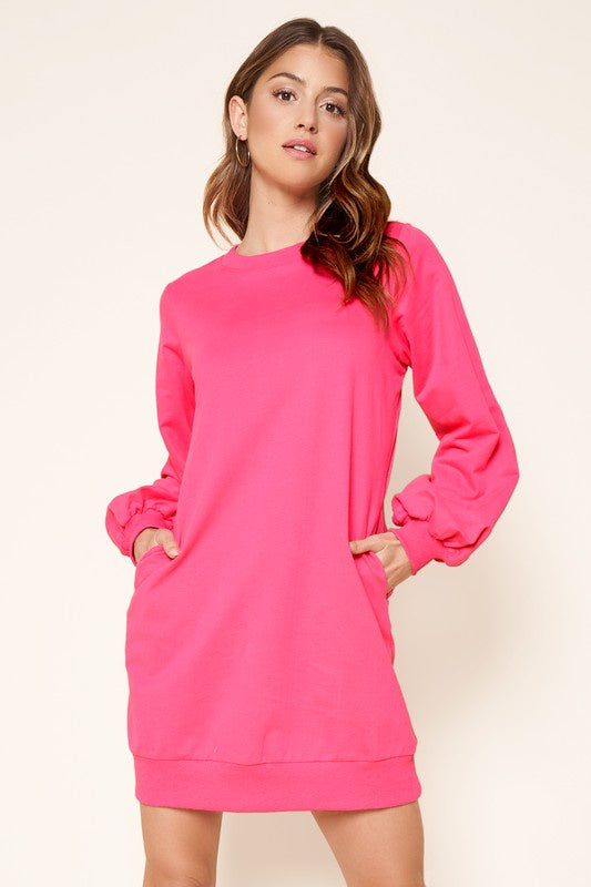 Crewneck Balloon Sleeve Sweatshirt Dress Clothing SugarLips Pink XS 