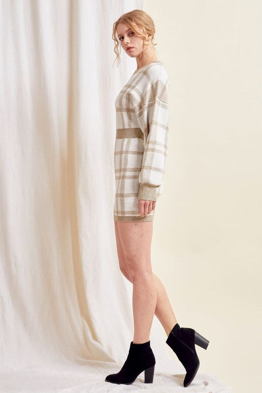 beige plaid dress Beige Plaid Wrap Dress