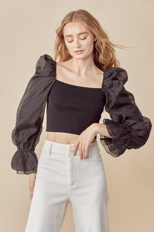 Puff Sleeve Crop Top Clothing Miou Muse Black/Black S 