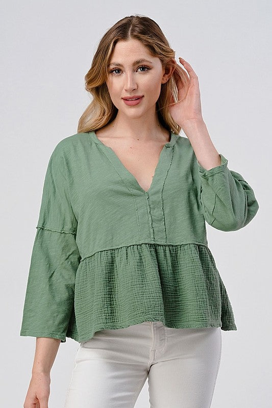 3/4 Sleeve Gauze Peplum Top Clothing Hashtag Green XS 