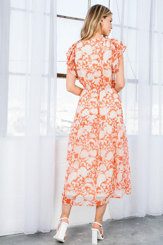 Orange/White Floral Print Tiered Flutter Slv Midi Dress Orange/White Floral Print Tiered Flutter Slv Midi Dress