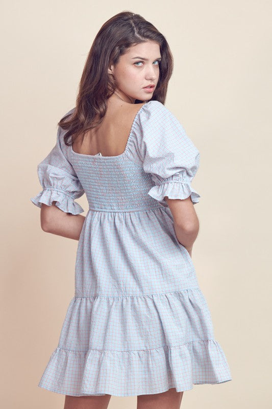 blue and pink plaid dress SLEEVELESS MIDI WITH RUFFLES - BLUE PINK PLAID