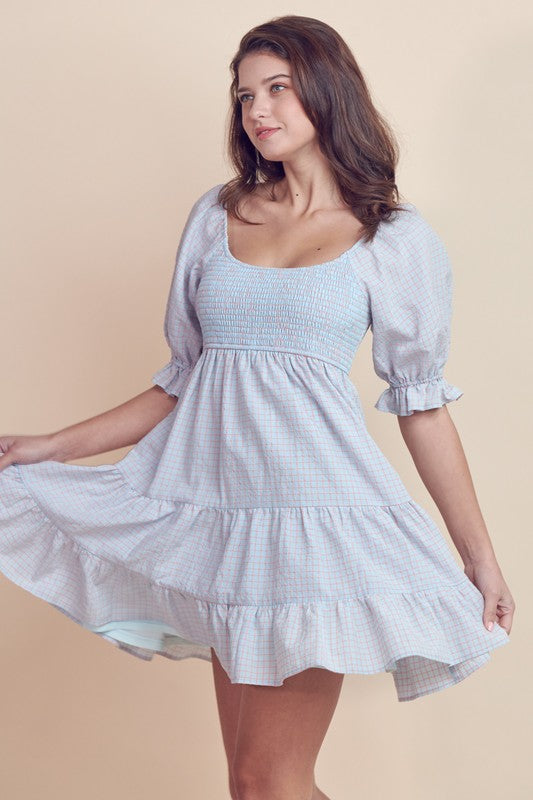 Lt. Blue/Pink Plaid Smocked 3/4 Slv Dress Lt. Blue/Pink Plaid Smocked 3/4 Slv Dress