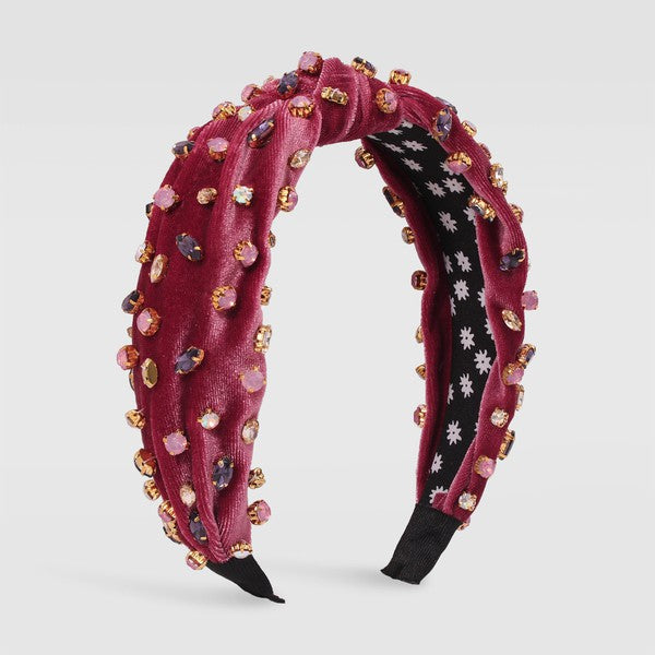 Crystal Velvet Knot Headband Accessory Medy Jewelry Dark Pink Multi  