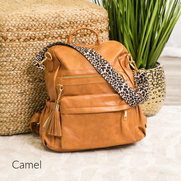 Vegan Leather Backpack with Cheetah Strap Purse Dani & Em Camel  