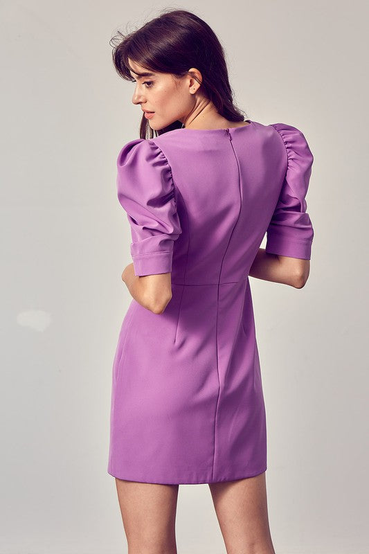 Purple Puff Sleeve V-Neck Fitted Dress Clothing Do+Be   