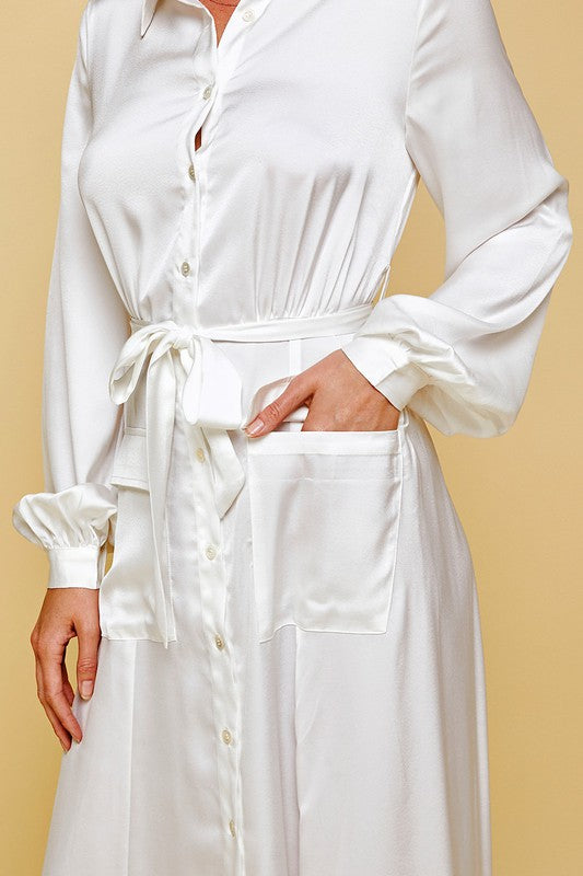 White Satin Belted Button Down Maxi Clothing Pinch   