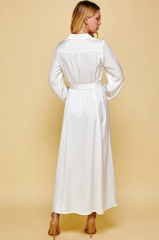 White Satin Belted Button Down Maxi Clothing Pinch   