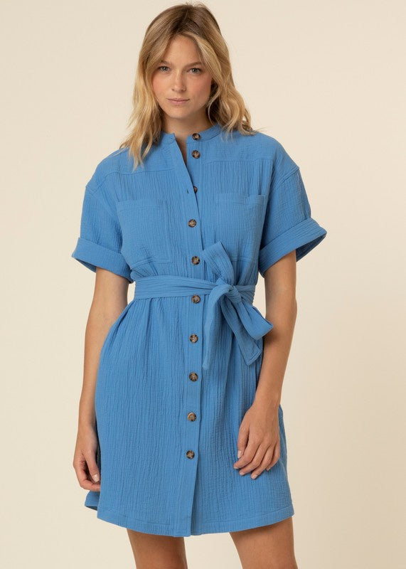Blue Button Down Waist Tie Mini Dress Clothing Frnch   