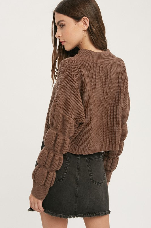 Brown Mock Neck Bubble Slv Sweater Clothing Miou Muse   