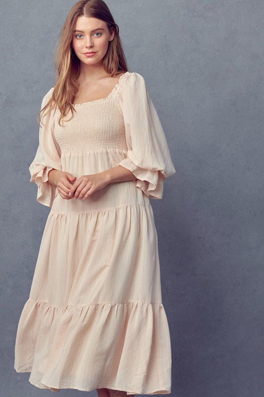 Cream Tiered Long Slv Midi Dress Cream Tiered Long Slv Midi Dress