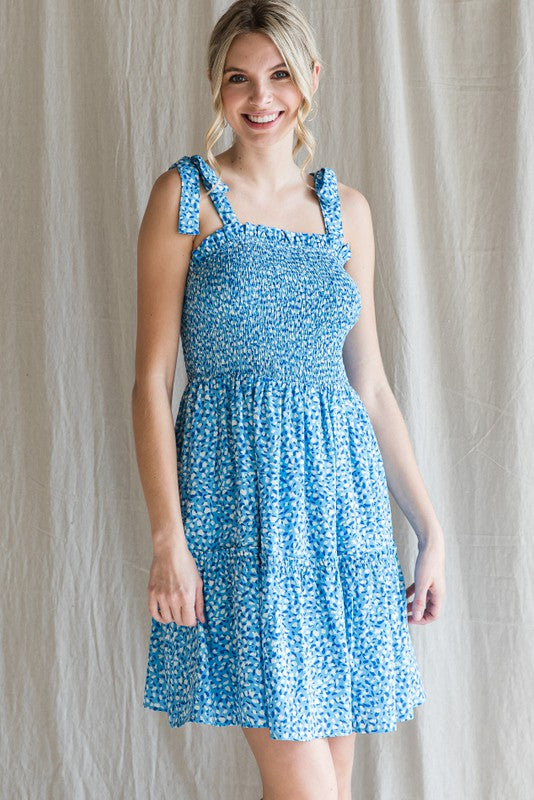 Spotted Pattern Smocked Bodice Babydoll Dress Clothing Jodifl L Blue 