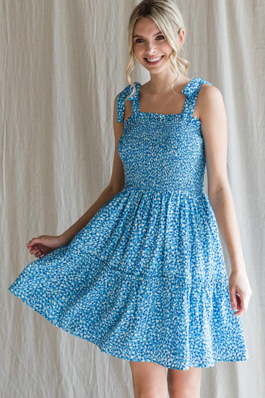 Spotted Pattern Smocked Bodice Babydoll Dress Clothing Jodifl S Blue 