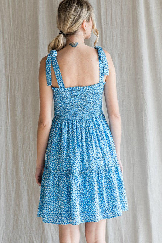 Spotted Pattern Smocked Bodice Babydoll Dress Clothing Jodifl M Blue 