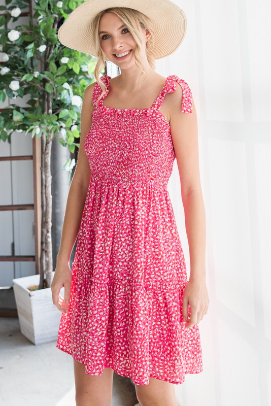 Spotted Pattern Smocked Bodice Babydoll Dress Clothing Jodifl L Pink 