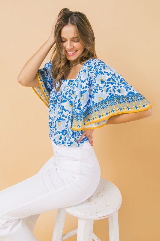 Blue/Mustard/White Square Neck Flowy Flutter Sleeve Top Clothing Flying Tomato   
