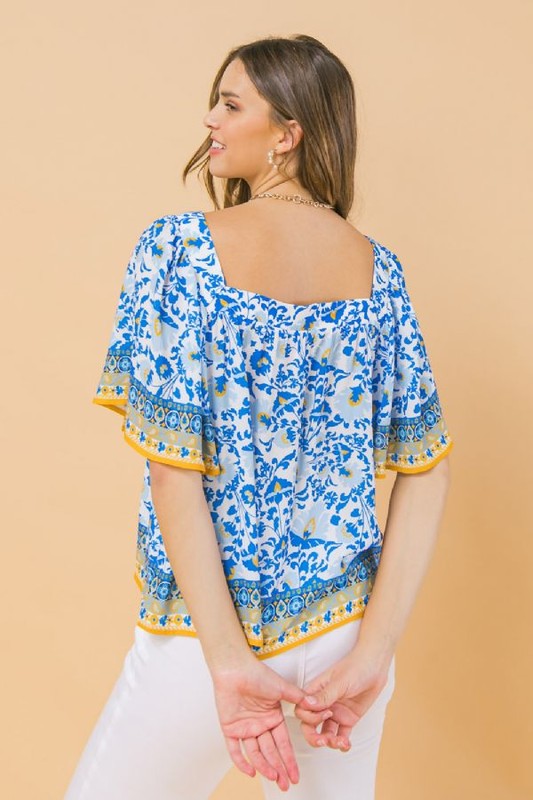 Blue/Mustard/White Square Neck Flowy Flutter Sleeve Top Clothing Flying Tomato   