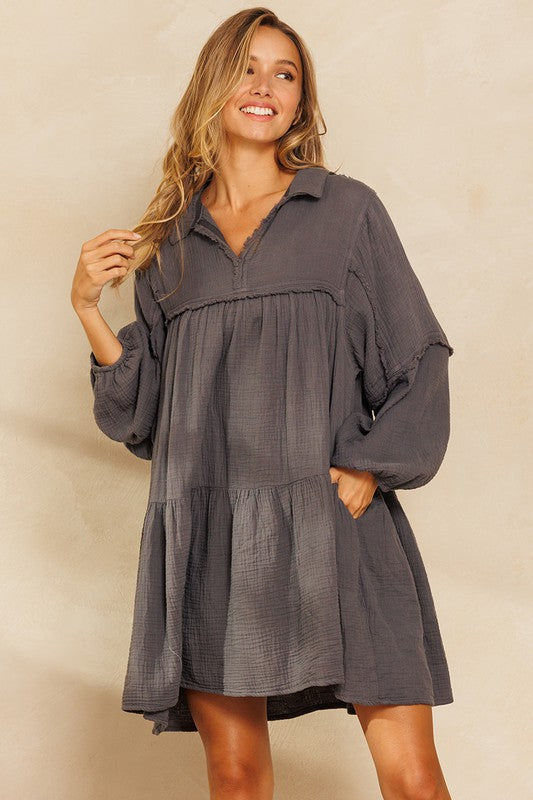 Charcoal Long Slv Babydoll Tiered Dress Peacocks & Pearls Lexington Charcoal Long Slv Babydoll Tiered Dress Peacocks & Pearls Lexington