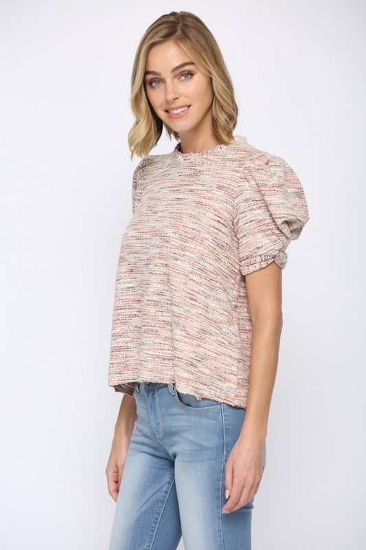 Tweed Multi Color Short Puff Sleeve Top Clothing Fate   