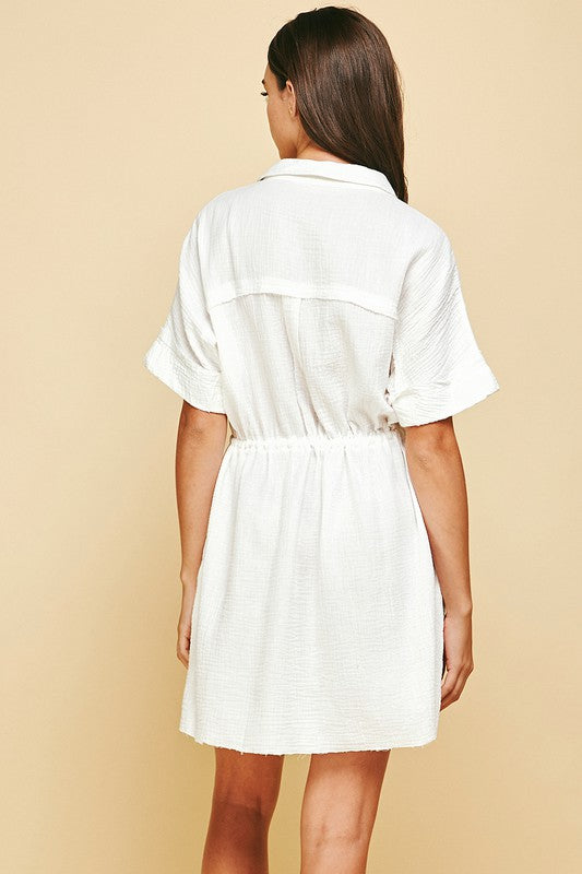 White Gauze V-Neck Dress w Tassel Tie Clothing Pinch   